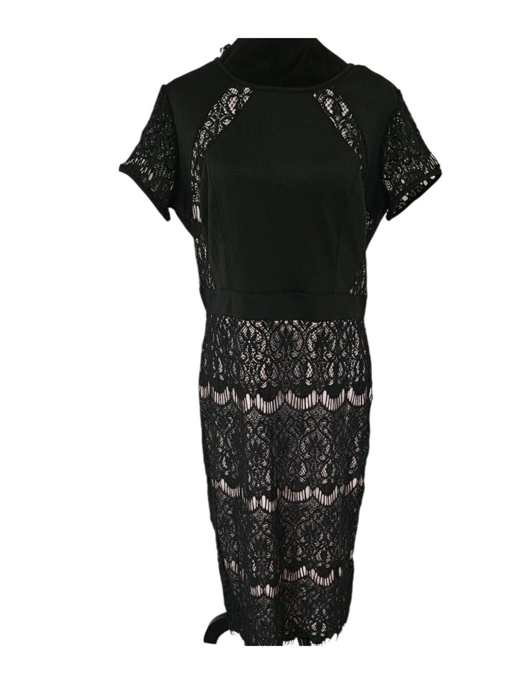 Fifth & Park Black Lace Midi Dress Size 12 Nude Underlay Cocktail